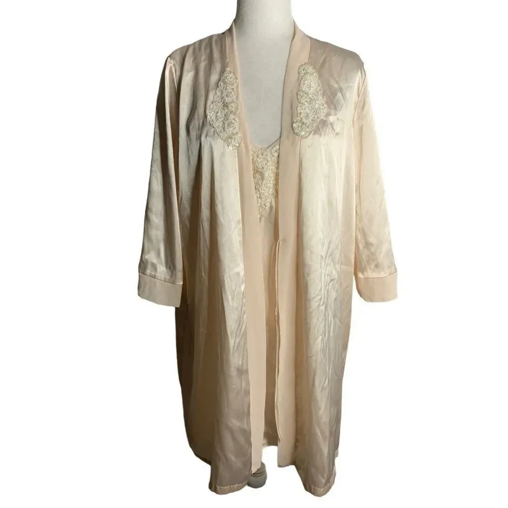 Vintage Beaded Satin Peignoir Set M Pink Half Robe Sweetheart Adjustable Straps